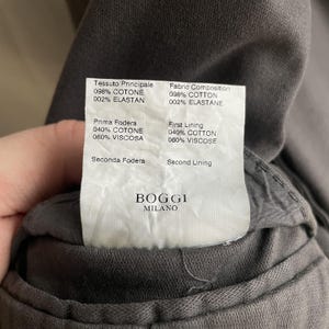May include: Close-up of a gray garment with a fabric composition label. The label includes the brand "BOGGI MILANO" and fabric details: 98% cotton, 2% elastane for the main fabric, and 40% cotton, 60% viscose for the first lining.