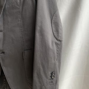 May include: A charcoal gray blazer with a notched lapel, a single-breasted closure, and a patch pocket. The blazer features elbow patches and buttoned cuffs. The fabric appears to be a medium-weight cotton or blend.