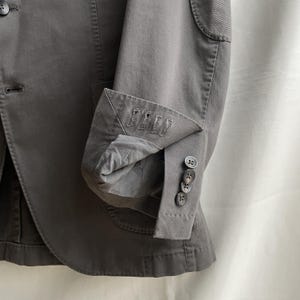 May include: Close-up of a gray blazer with a notched lapel and three buttons on the sleeve cuff. The blazer has a textured elbow patch and a tailored fit. The fabric appears to be a cotton blend.