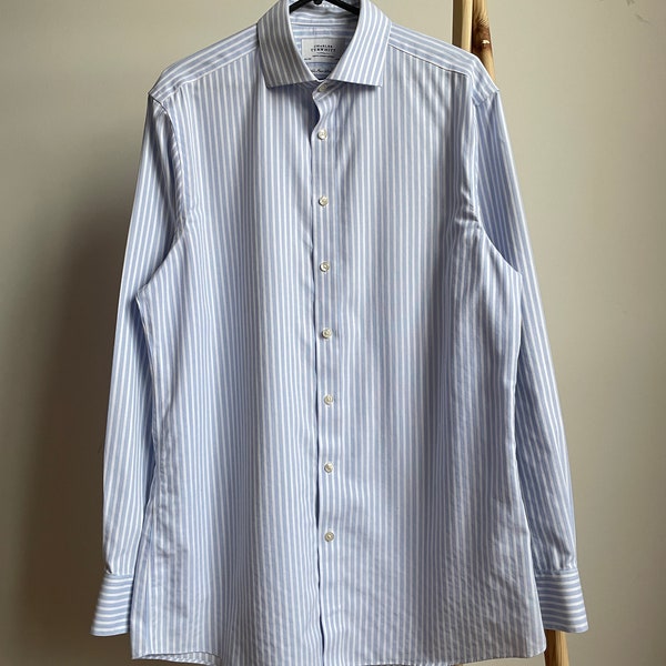 Charles Tyrwhitt Striped Blue Non Iron Slim Fit Dress Shirt Size 42