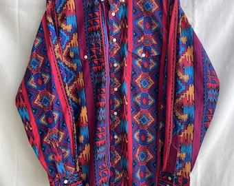 Wrangler Vintage 90er Jahre Azteken-Südwest-Cowboyhemd Größe XL 17/36