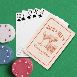 May include: A fan of five playing cards including a 10, Jack, Queen, King, and Ace of spades, alongside a custom card featuring the text Jack & Jill's Cocktail Club est. 2025 with illustrations of three cocktails, plus stacks of poker chips.