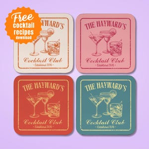 Vintage Cocktail Coaster Set of 4 Drink Coasters Couples Gifts New Home Gift Custom Vintage Drink Coaster Personalized Cocktail Club Coaster