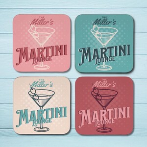 Retro Bar Coaster Set Vintage Martini Glass Drink Accessory for Home Bar Decoration Gift Bundle Retro Design Custom Name Cocktail Set Pink