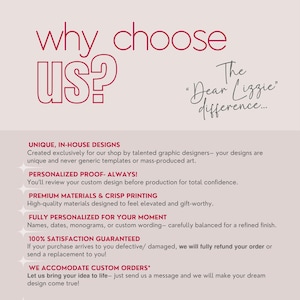 K&ouml;nnte beinhalten: Eine hellrosa Infografik mit dunkelrotem Text mit der &Uuml;berschrift Why Choose Us? The Dear Lizzie difference. Sie listet sechs Servicepunkte auf: Unique In-House Designs, Personalized Proof-Always, Premium Materials & Crisp Printing, Fully Personalized For Your Moment, 100% Satisfaction Guaranteed und We Accomodate Custom Orders.