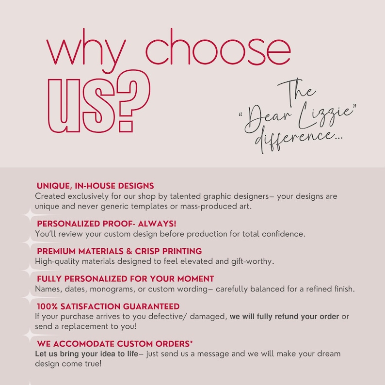K&ouml;nnte beinhalten: Eine hellrosa Infografik mit dunkelrotem Text mit der &Uuml;berschrift Why Choose Us? The Dear Lizzie difference. Sie listet sechs Servicepunkte auf: Unique In-House Designs, Personalized Proof-Always, Premium Materials & Crisp Printing, Fully Personalized For Your Moment, 100% Satisfaction Guaranteed und We Accomodate Custom Orders.
