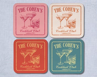 Vintage Cocktail Coaster Set of 4 Drink Coasters Couples Gifts New Home Gift Custom Vintage Drink Coaster Personalized Cocktail Club Coaster