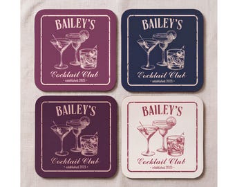 Personalized Cocktail Coasters Custom Bar Coaster Set Family Name Coasters Home Bar Gifts Vintage Cocktail Club Gift