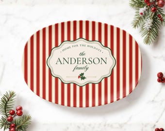 Personalized Peppermint Stripe Christmas Platter Custom Family Name Holiday Serving Tray Candy Cane Oval Dish Unbreakable Hostess Gift