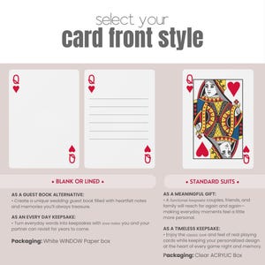 K&ouml;nnte beinhalten: Eine grafische Darstellung mit dem Titel select your card front style zeigt drei Spielkartenoptionen. Zwei Karten zeigen ein Herz-Dame-Design mit leeren oder linierten Feldern. Die dritte Karte zeigt eine Standard-Herz-Dame-Illustration.
