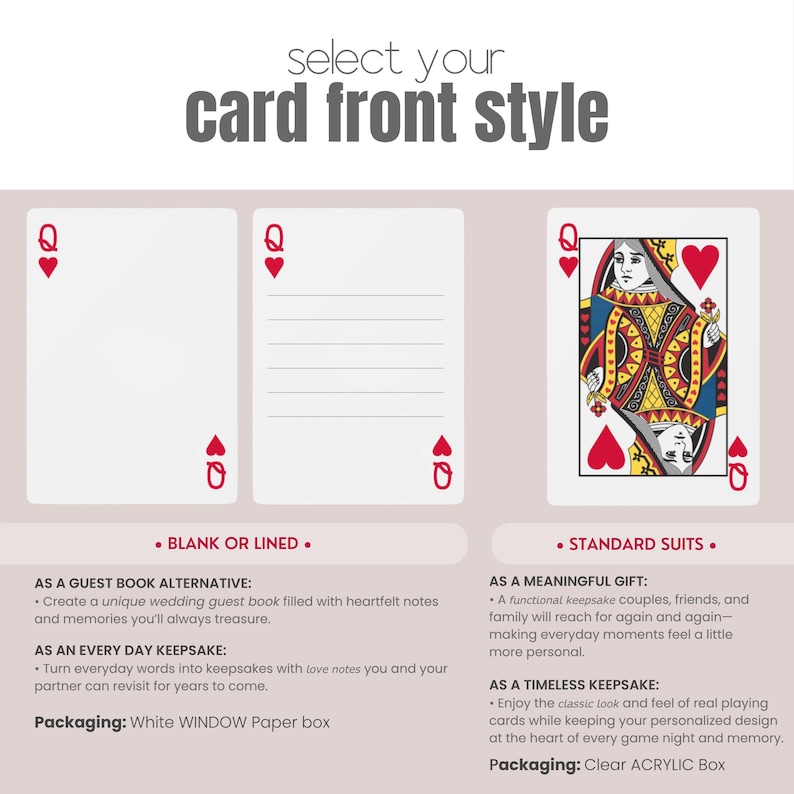 K&ouml;nnte beinhalten: Eine grafische Darstellung mit dem Titel select your card front style zeigt drei Spielkartenoptionen. Zwei Karten zeigen ein Herz-Dame-Design mit leeren oder linierten Feldern. Die dritte Karte zeigt eine Standard-Herz-Dame-Illustration.