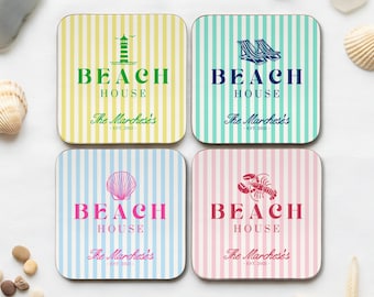 Personalized Beach House Coasters Set Custom Coastal Drink Coasters Summer Home Decor Beach House Gift Hostess Gift