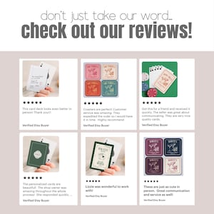 K&ouml;nnte beinhalten: Eine Werbegrafik mit dem Text don't just take our word... check out our reviews! &uuml;ber sechs Kundenbewertungskarten. Jede Karte enth&auml;lt eine F&uuml;nf-Sterne-Bewertung, einen schriftlichen Erfahrungsbericht und ein Foto von Spielkarten oder Untersetzern.