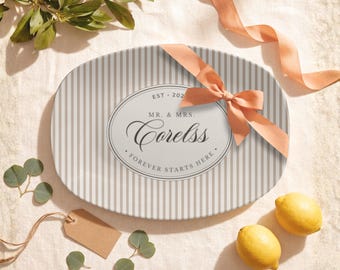 Personalized Anniversary Gift for Couple Custom Family Serving Platter Established Family Name Keepsake Gift Farmhouse Decor Stripe Design