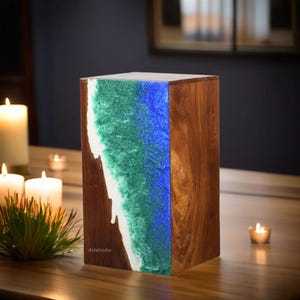 Handmade Rosewood Cremation Urn with Ocean Wave Resin Design for Human Ashes, Memorial Keepsake Box, Large Funeral Urn, Wooden Ocean Urn