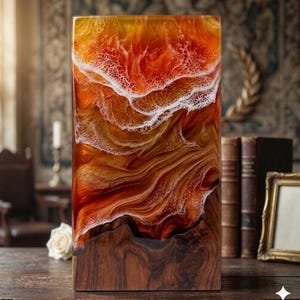 Puede incluir: Un bloque decorativo rectangular con una base de madera natural de color marrón oscuro y una sección superior de resina vertida. La resina muestra patrones de remolinos en naranja intenso, ámbar y oro, acentuados con texturas blancas como olas.