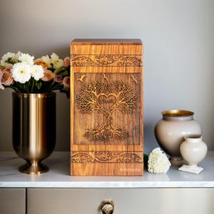 Wooden Urn - Handmade Rosewood Cremation Urn Box with Family Tree of Life Engraving – Premium Memorial Urns for Ashes - Personalized Urns