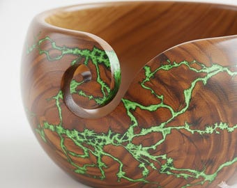 Handmade Wooden Yarn Bowl, Lichtenberg Burn, Green Resin Inlay | Crochet Knitting Holder