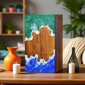 Urns, Rosewood Dual Ocean Wave Resin Design Urn Box for Human Ashes | Memorial Keepsake Urns | Funeral Urns | Personalized Urns | Ashes Box