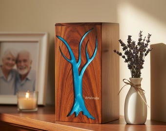 Handmade Rosewood Urn | Tree of Life Urn | Blue Resin Inlay