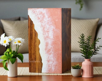 Rosewood Cremation Urn: Light Pink Ocean Wave Resin Inlay, Handcrafted Memorial Urn