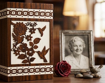 Handcrafted Wooden Cremation Urn | Hummingbird Floral Design | Keepsake Box