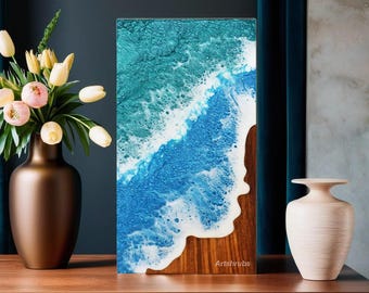 May include: Abstract resin art painting on wood with a blue and white wave design. The wave design is reminiscent of an ocean wave with white foam. The wood is a dark brown colour. The painting is signed "Artshrubs".
