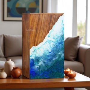 Blue Ocean Wave Resin Cremation Urn Box - Rosewood Memorial Ashes Box - Keepsake Urns | Ashes Keepsake | Personalized Urns | Memorial Urns