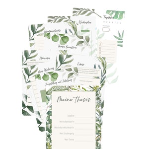 May include: A set of printable planner pages with a green and white floral design. The pages include sections for a weekly plan, daily plan, to-do list, and thesis planning. The text on the pages is in German.