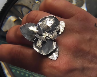 Handmade Silver Orchid Ring, Gothic Botanical Statement Jewelry