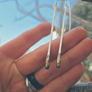 Matchstick earrings with gold dust and blackening. Silver Matches