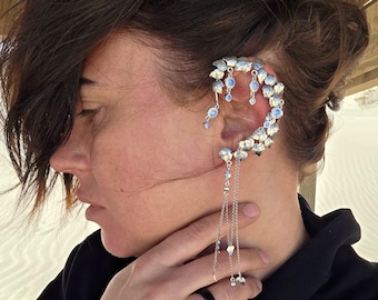 Silver Ear Cuff with Leaves and Chains
