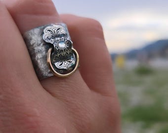 Sterling Silver Ring with 585 Gold Accent  Handmade Mixed Metal Statement Ring