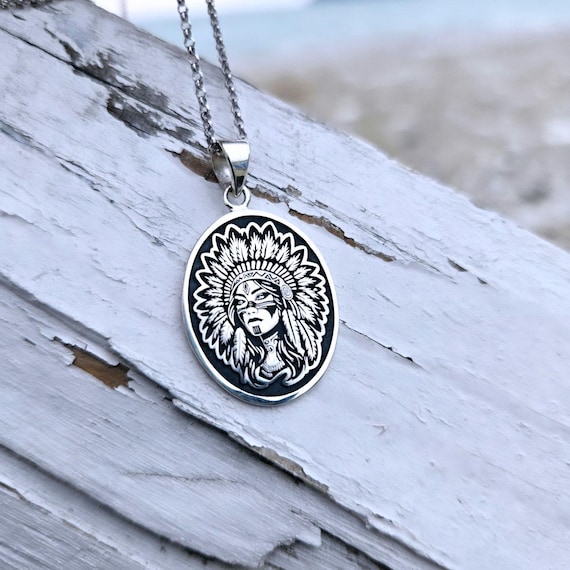 Sterling Silver Tribal Pendant – Spirit Warrior Necklace – Native Headdress  Jewelry – Hand Engraved Amulet – Boho Gift for Him or Her