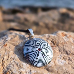 Sterling Silver Labyrinth Pendant with Garnet | Handmade Spiritual Necklace | Sacred Geometry Jewelry | Unique Silver Gift for Her