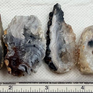 May include: Four raw agate slices with unique patterns and colours. The stones display shades of brown, grey, white, and black, with visible crystal formations. Each slice has a distinct shape and texture, showcasing natural geological beauty.