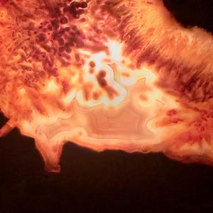 May include: Close-up of a polished agate stone, showcasing intricate patterns and colors. The stone features bands of orange, red, and cream hues, with a dark, almost black base. The natural formations create a unique, abstract design.