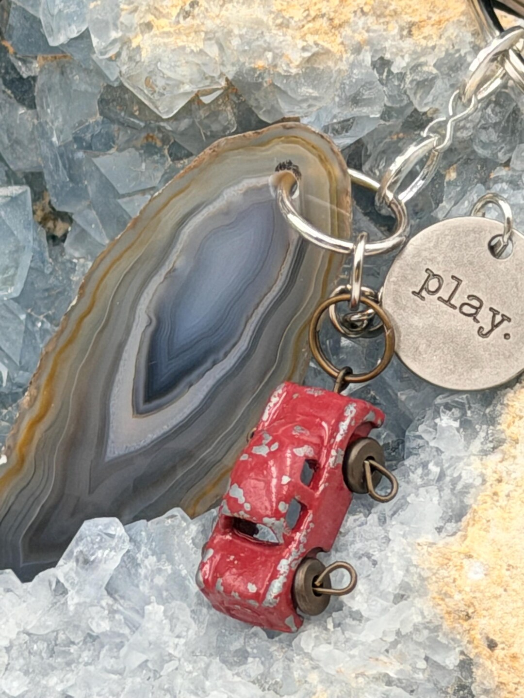 Blue Brazilian Agate Keychain With Retro Toy Car and Play Charm “kid at ...