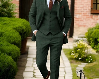 Costume homme personnalisé trois pièces haut de gamme de couleur vert foncé pour mariage, fiançailles, anniversaire, bal de promo, tenue de marié et costume pour homme