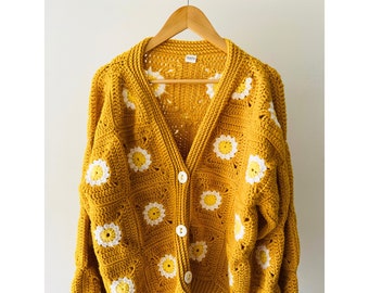 Granny square crochet cardigan - Mustard Yellow Daisy - Handmade Boho crochet cardigan- Granny square jacket - Made to order
