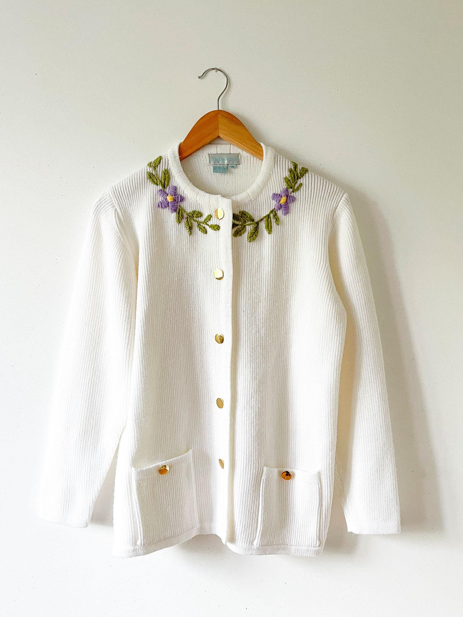 Vintage White Cardigan Size 36 - Upcycled Hand Embroidered