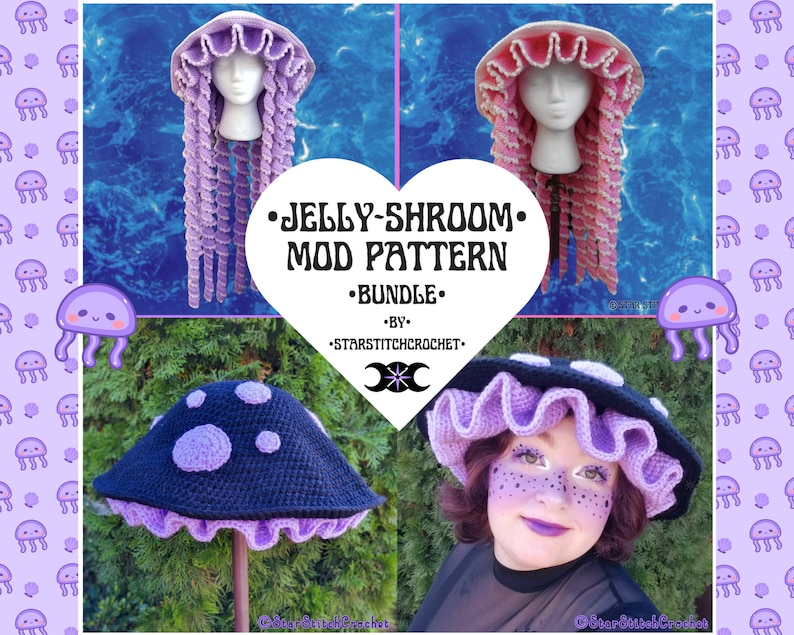 May include: A crochet pattern bundle for a Jelly-Shroom hat. The pattern includes two different styles of the hat, one with a purple top and one with a pink top. The hat is shown on a mannequin and a person wearing it. The pattern is by StarStitchCrochet.
