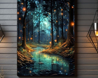 Illuminated Forest Fireflies Wall Art, Mystical Painting Art, Magical Forest Canvas, Mystical Forest Wall Art, Mystical Art, Fantasy Art