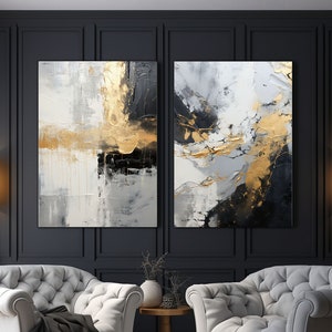 Abstract Canvas Set of 2, Black And Gold Canvas, Neutral Minimalist Canvas, Gold Abstract Canvas Art, Black and Gold Abstract Wall Art