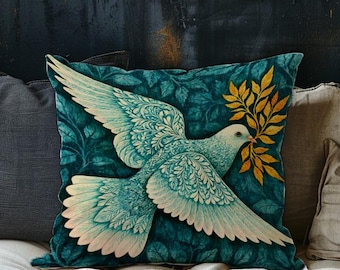 Peace Dove Throw Pillow, White Bird Cushion, Botanical Dove Pillowcase, Teal Gold Nature Decor, Spiritual Peace Gift