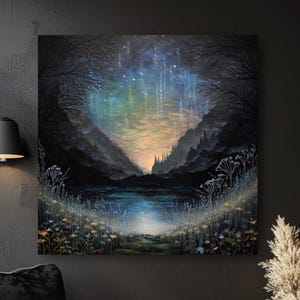 Enchanted Twilight Landscape Canvas, Mystical Valley Night Sky Wall Art, Fantasy Stars and Mountains Print, Celestial Nature Decor