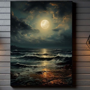 Moody Moon and Clouds Over Night Ocean Canvas Wall Art Home Decor, Full Moon Painting