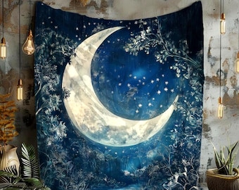 Mystical Moon Velveteen Blanket, Moon Art Sherpa Blanket, Cozy Throw Celestial Design