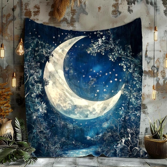 Mystical Moon Velveteen Blanket, Moon Art Sherpa Blanket, Cozy Throw Celestial Design
