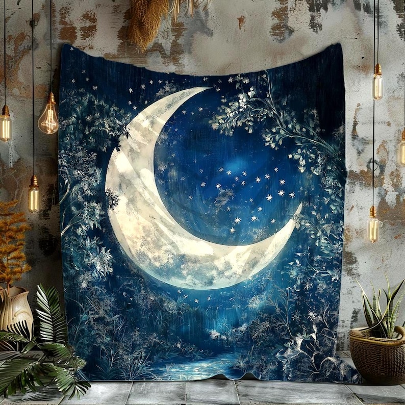 Mystical Moon Velveteen Blanket, Moon Art Sherpa Blanket, Cozy Throw Celestial Design image 1